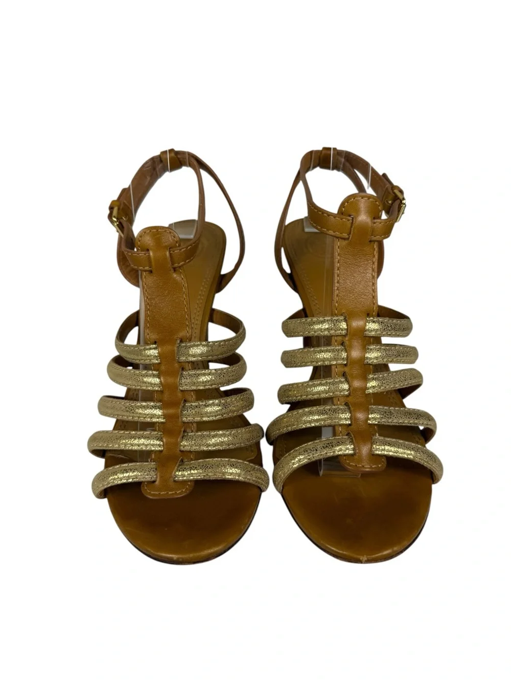 Tory Burch Charlene Caged Leather Strappy Brown Gold Heeled Sandals Sz 8.5